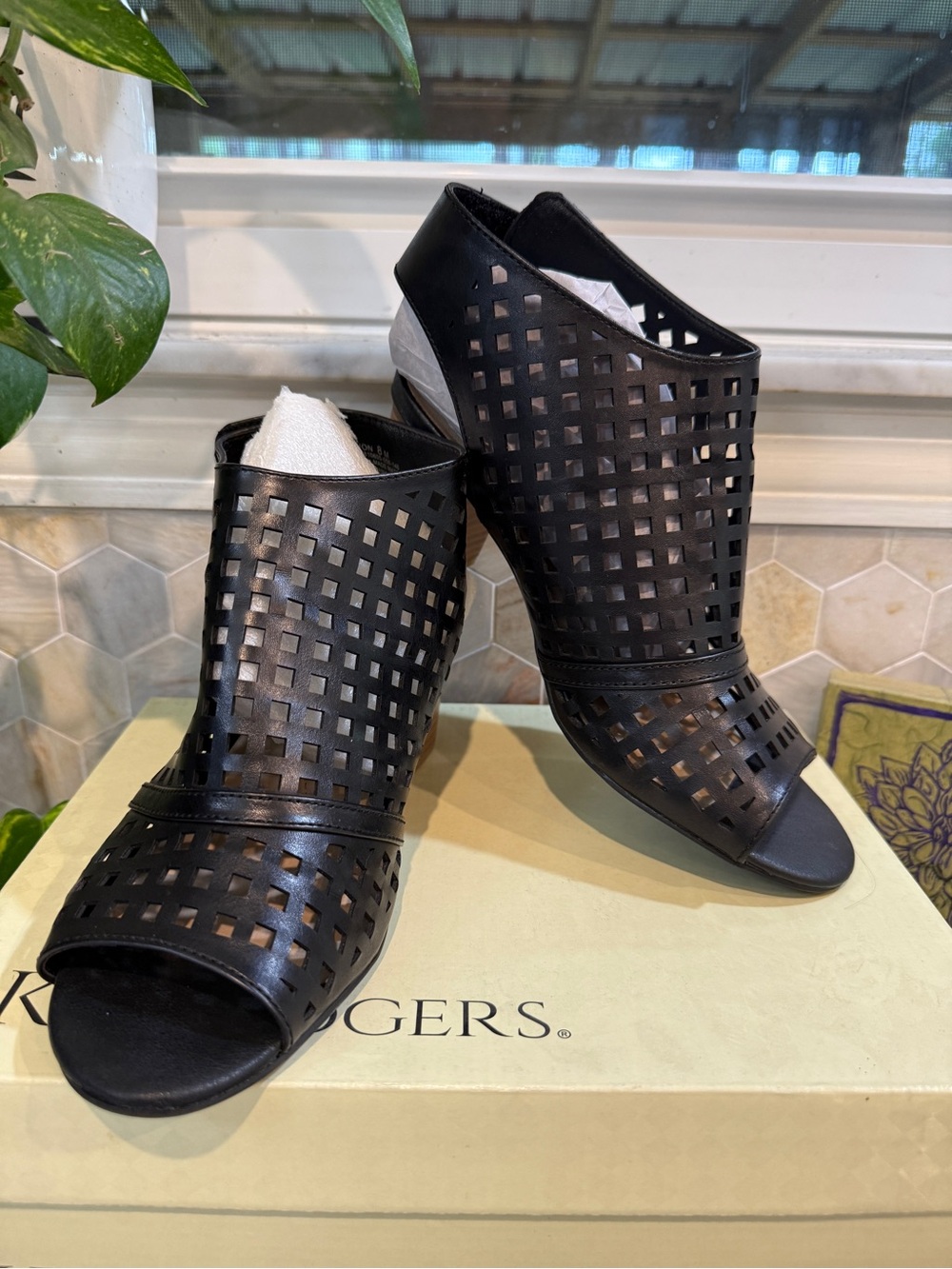 Kim Rogers Black Cutout Peep-Toe Mule Booties NIB